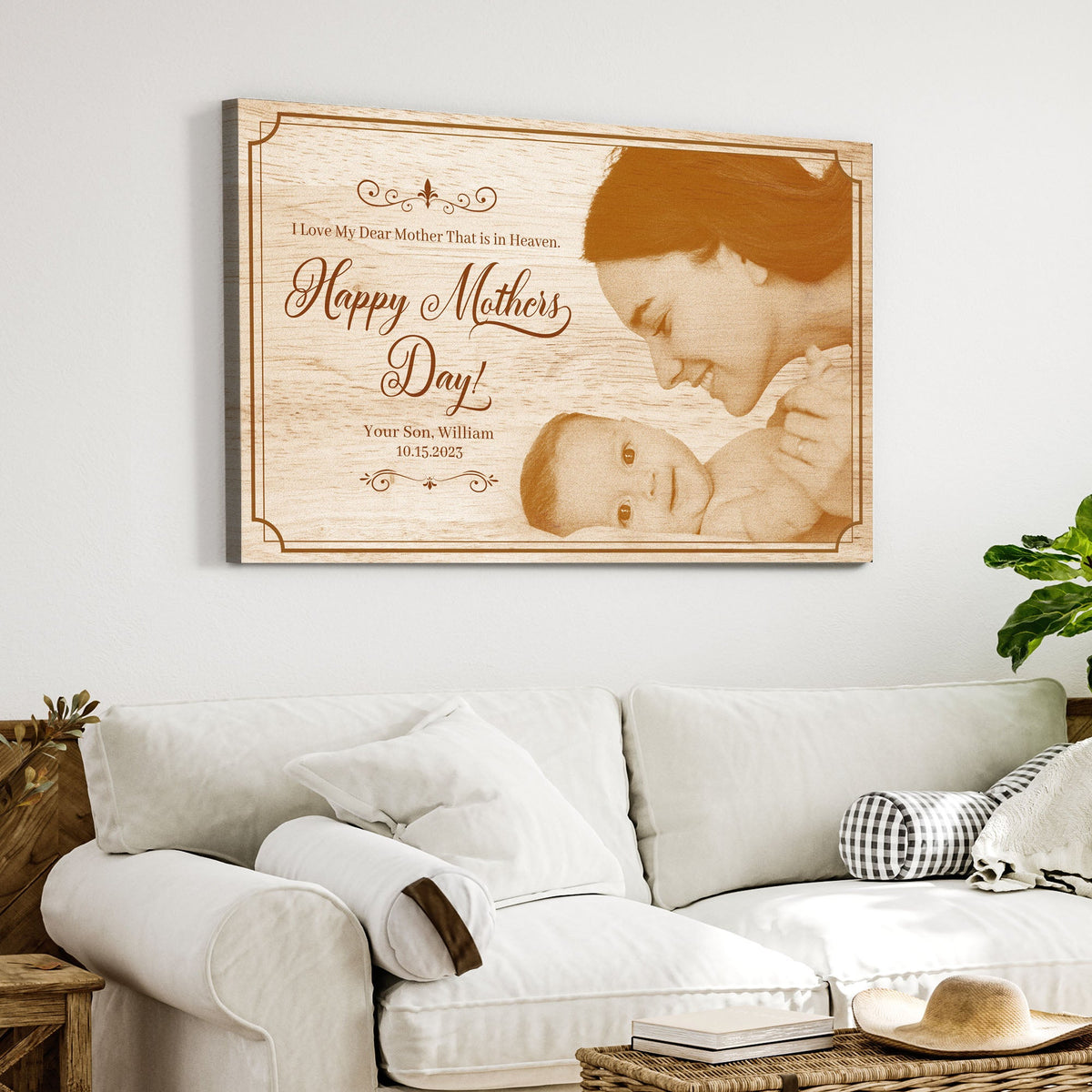Canvas Mother's Day Sign Dear Mother In Heaven by Tailored Canvases, sepia woodgrain print on Tampa Home & Garden Store