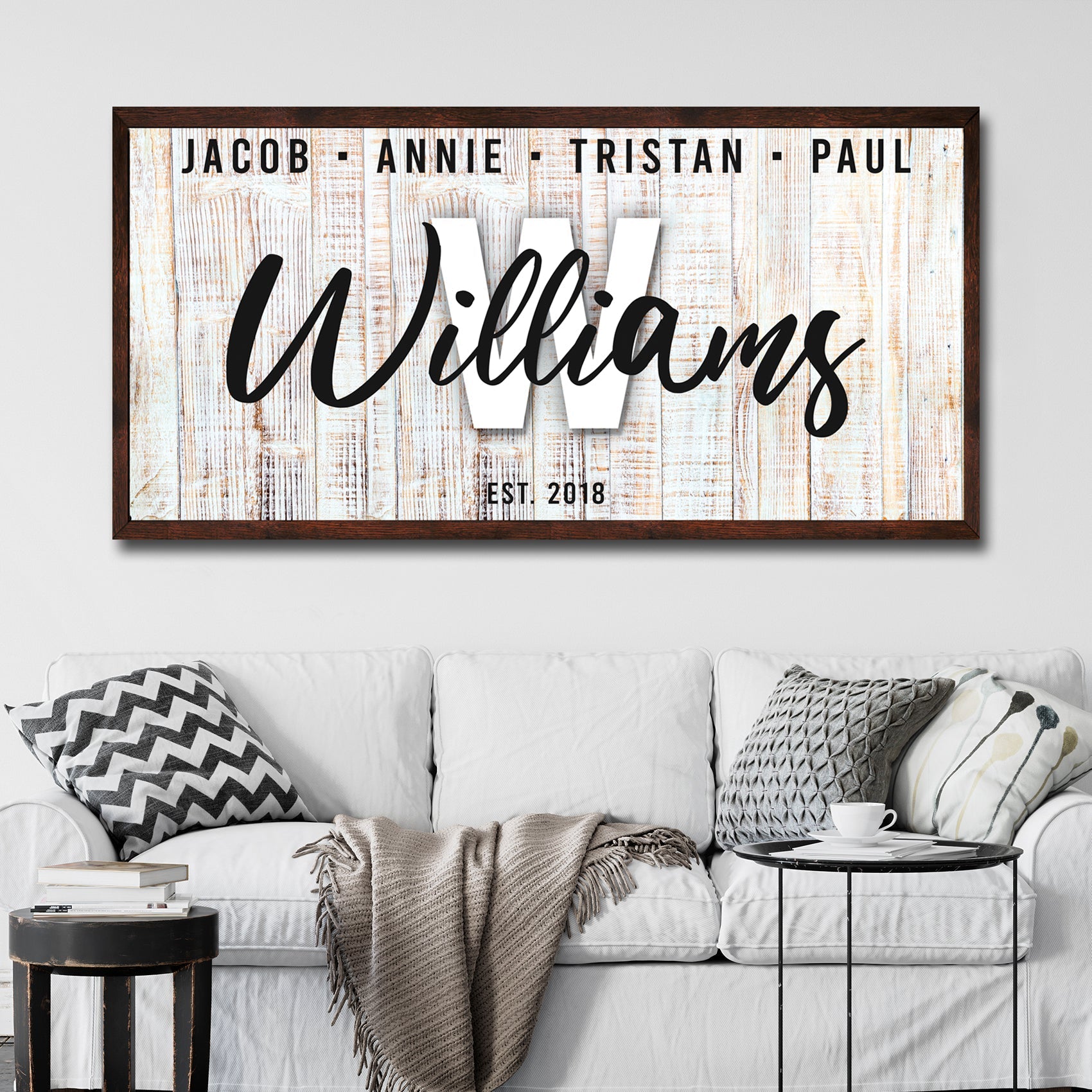 Family Wood Sign III canvas wall art with whitewashed wood planks and Williams script on Tampa Home & Garden Store