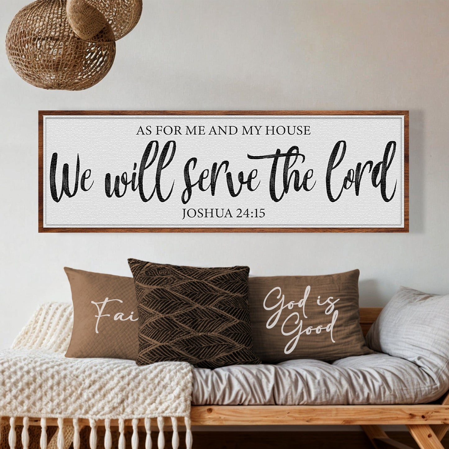 Canvas faith sign with wood frame displaying As For Me And My House We Will Serve The Lord Joshua 24:15 in black script text on Tampa Home & Garden Store