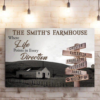 Canvas farmhouse names sign with The Smith's Farmhouse and wood directional name boards on Tampa Home & Garden Store