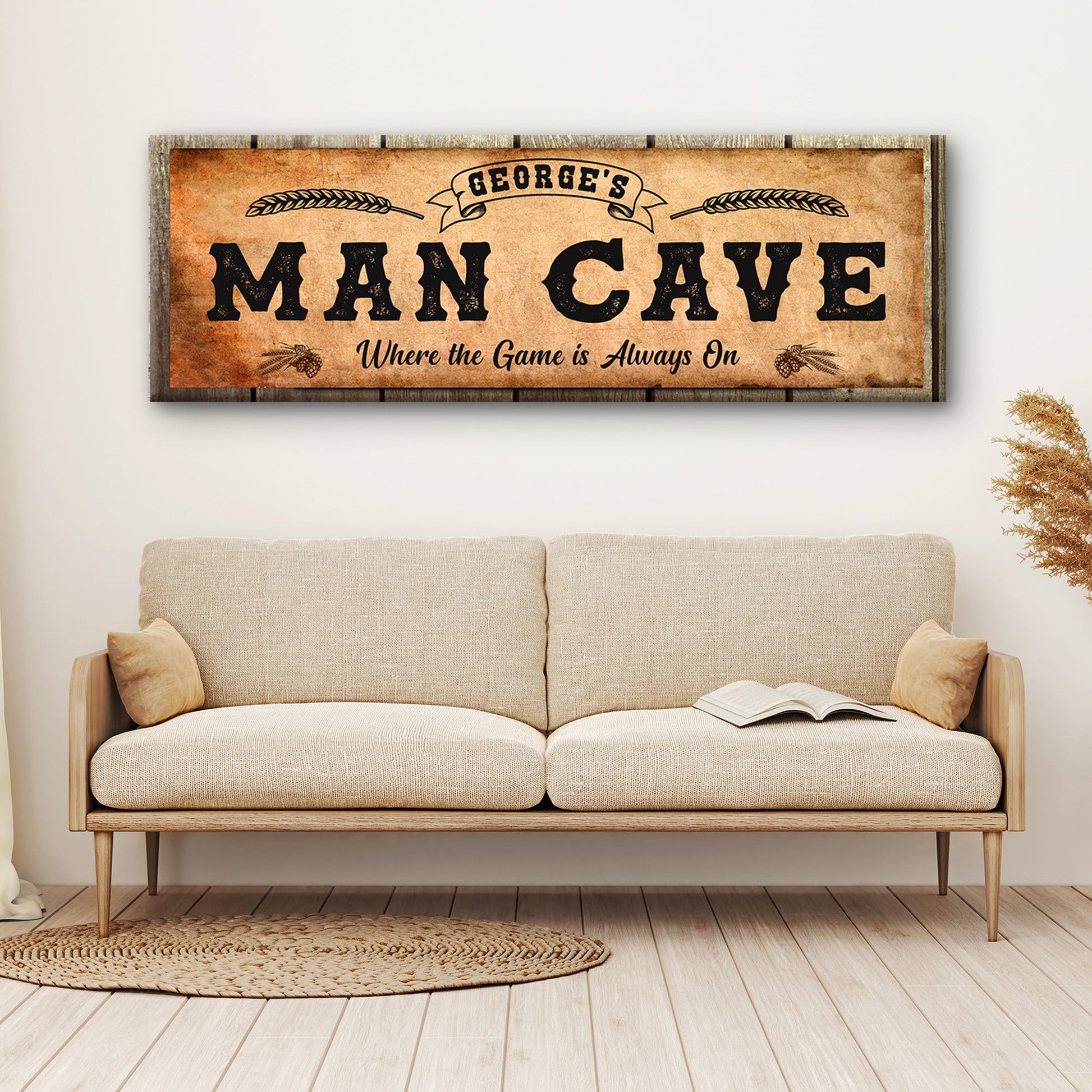 Canvas Man Cave sign by Tailored Canvases, rustic brown with bold black lettering on Tampa Home & Garden Store