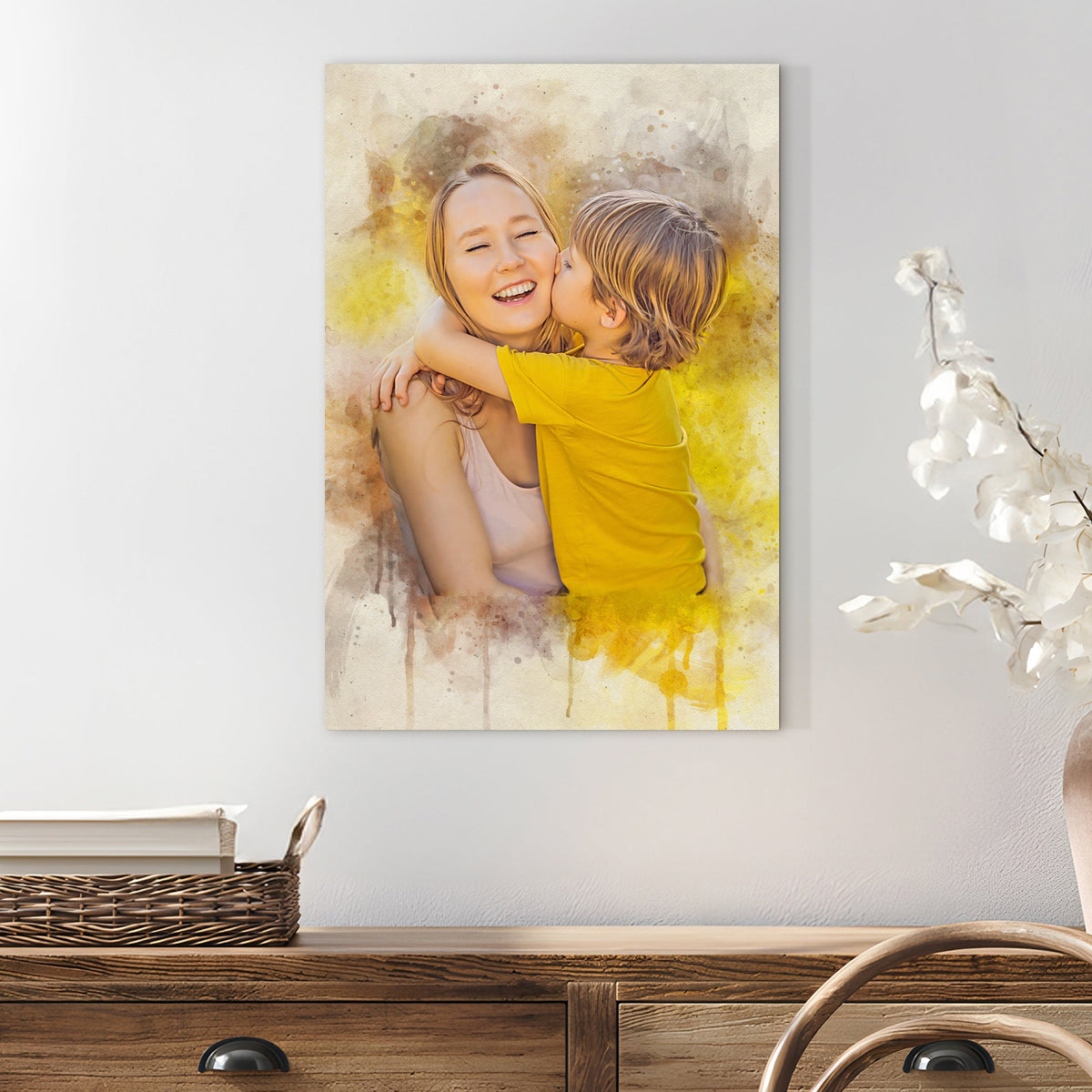 Mother's Day watercolor sign canvas with a beige-toned mom and child hug Tailored Canvases on Tampa Home & Garden Store