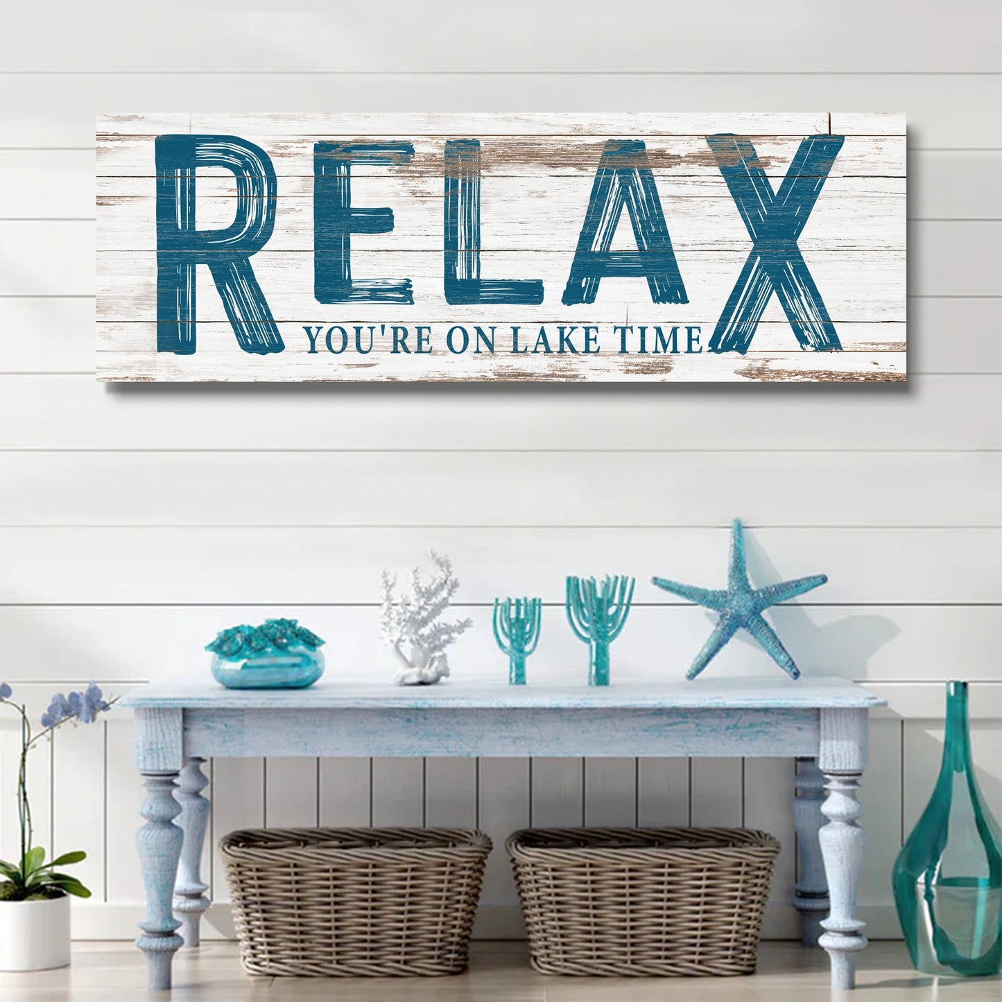 Relax You're on Lake Time sign canvas by Tailored Canvases with blue distressed text on wood on Tampa Home & Garden Store