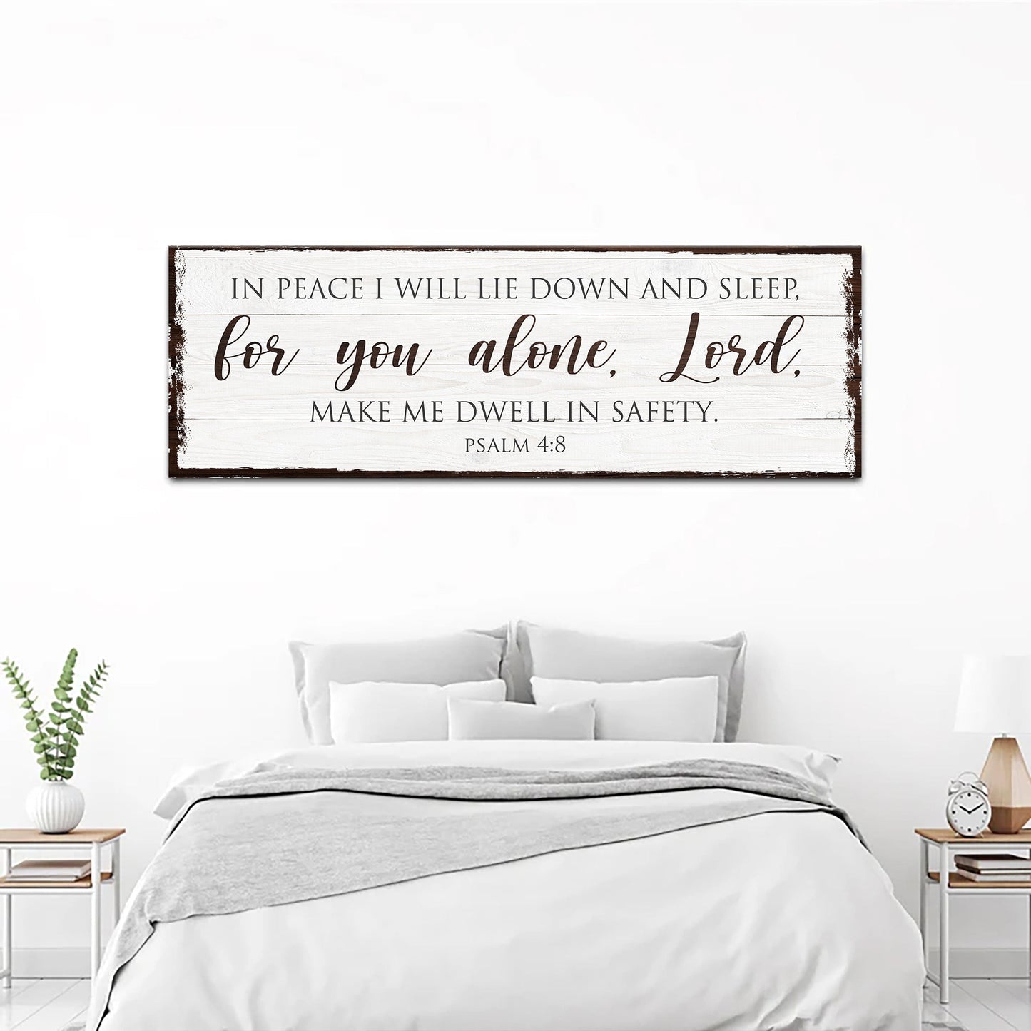 Canvas faith sign by Tailored Canvases with Psalm 4:8 on distressed white wood on Tampa Home & Garden Store