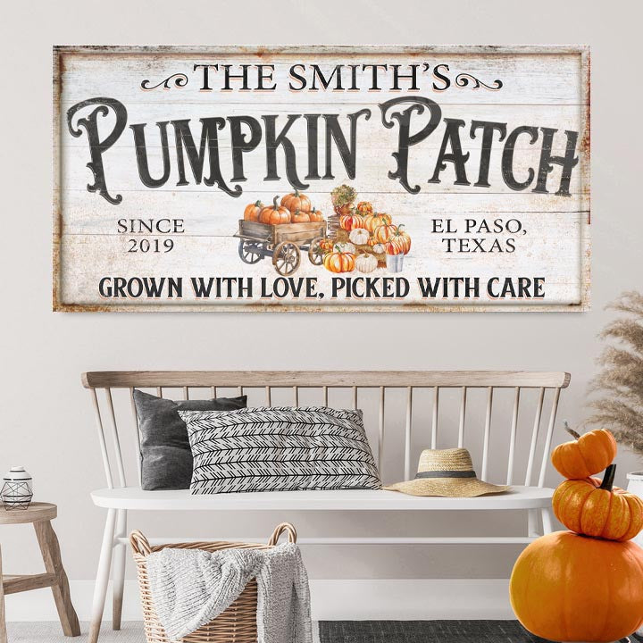 Personalized Pumpkin Patch Sign VII canvas by Tailored Canvases, rustic sign with pumpkins on Tampa Home & Garden Store