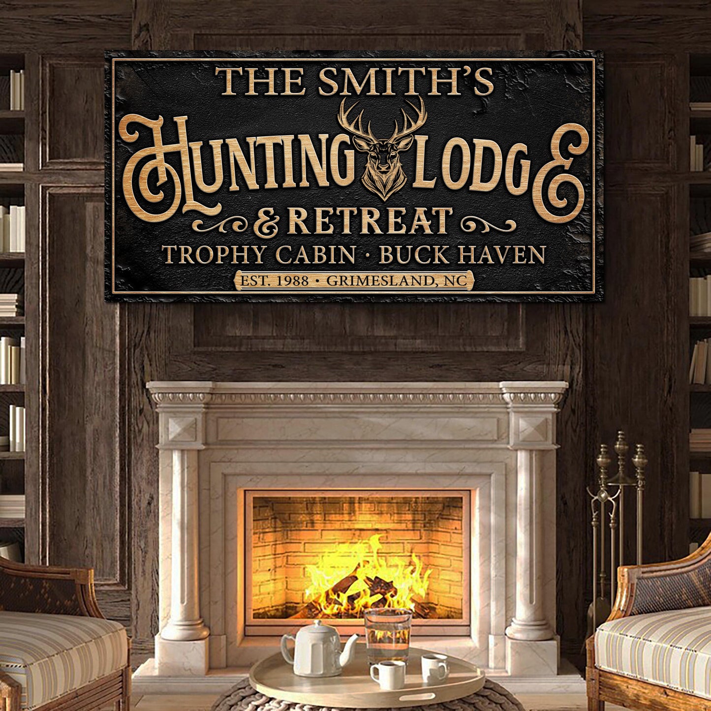 Family Hunting Lodge Retreat Canvas by Tailored Canvases with gold lettering and deer emblem on Tampa Home & Garden Store