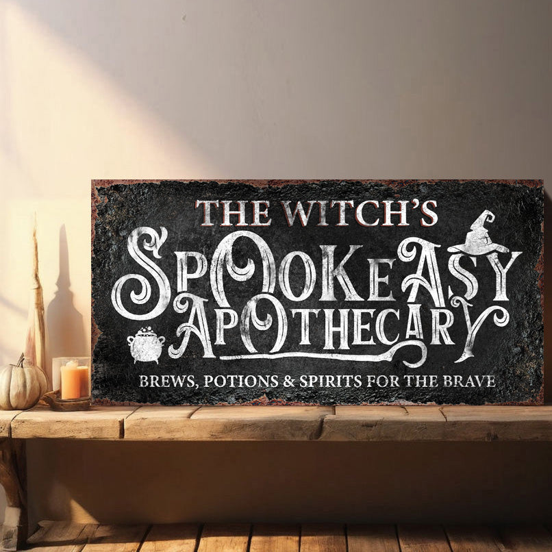 Apothecary Spookeasy bar sign canvas with chalkboard-style lettering on black background on Tampa Home & Garden Store
