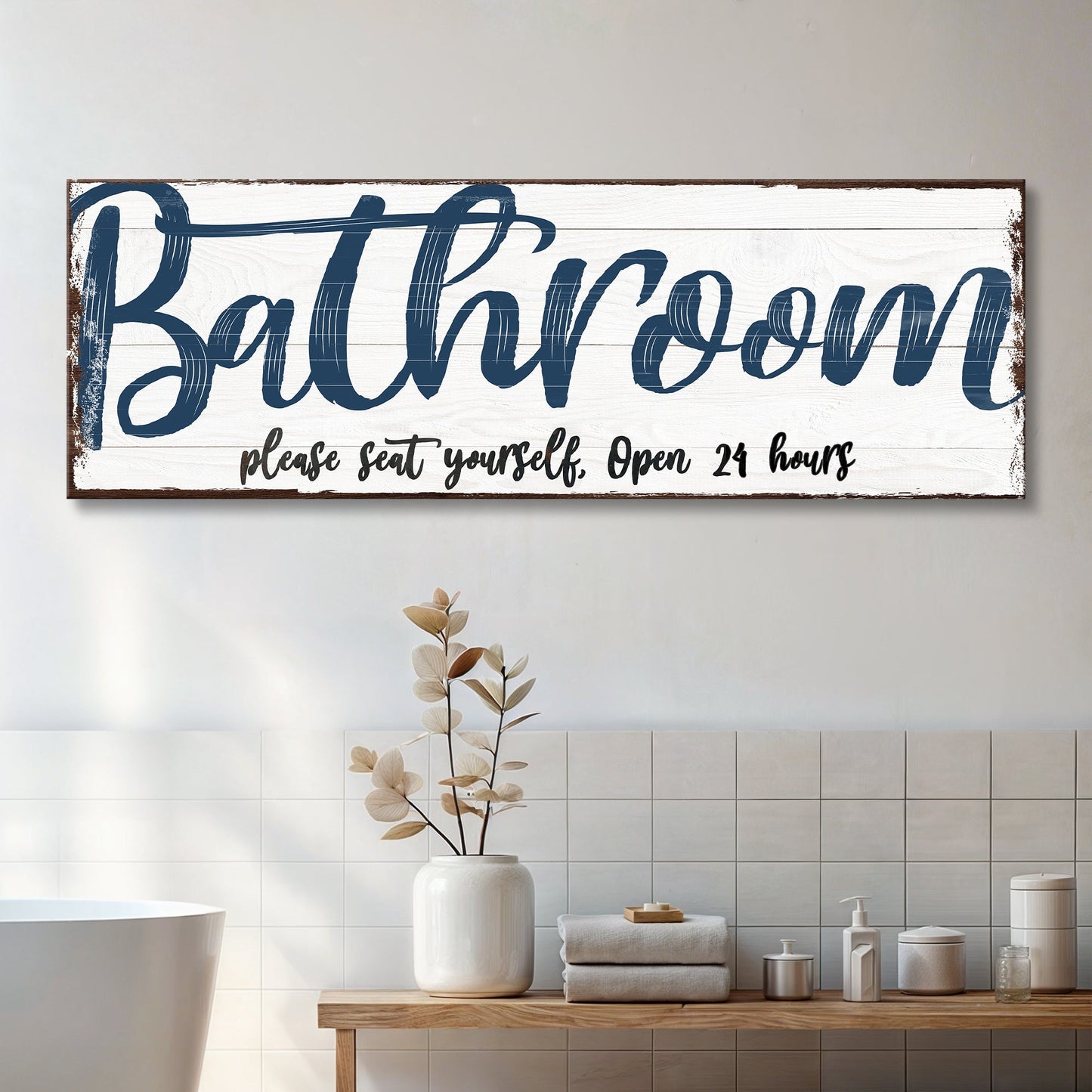 Please Seat Yourself Bathroom Sign II canvas with distressed white wood on Tampa Home & Garden Store