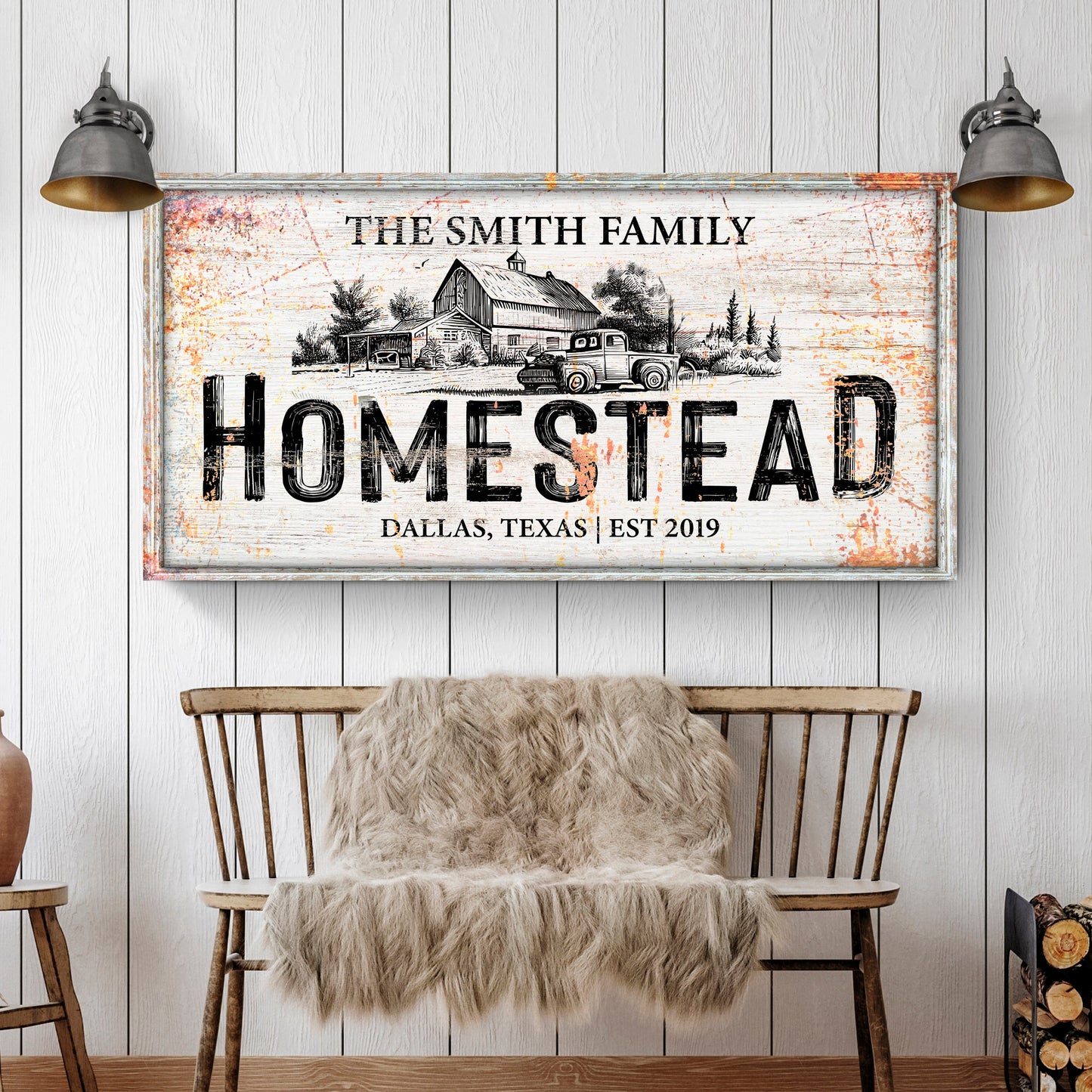 Homestead Sign VIII canvas with rustic farm and barn, Smith Family Homestead text Dallas TX on Tampa Home & Garden Store