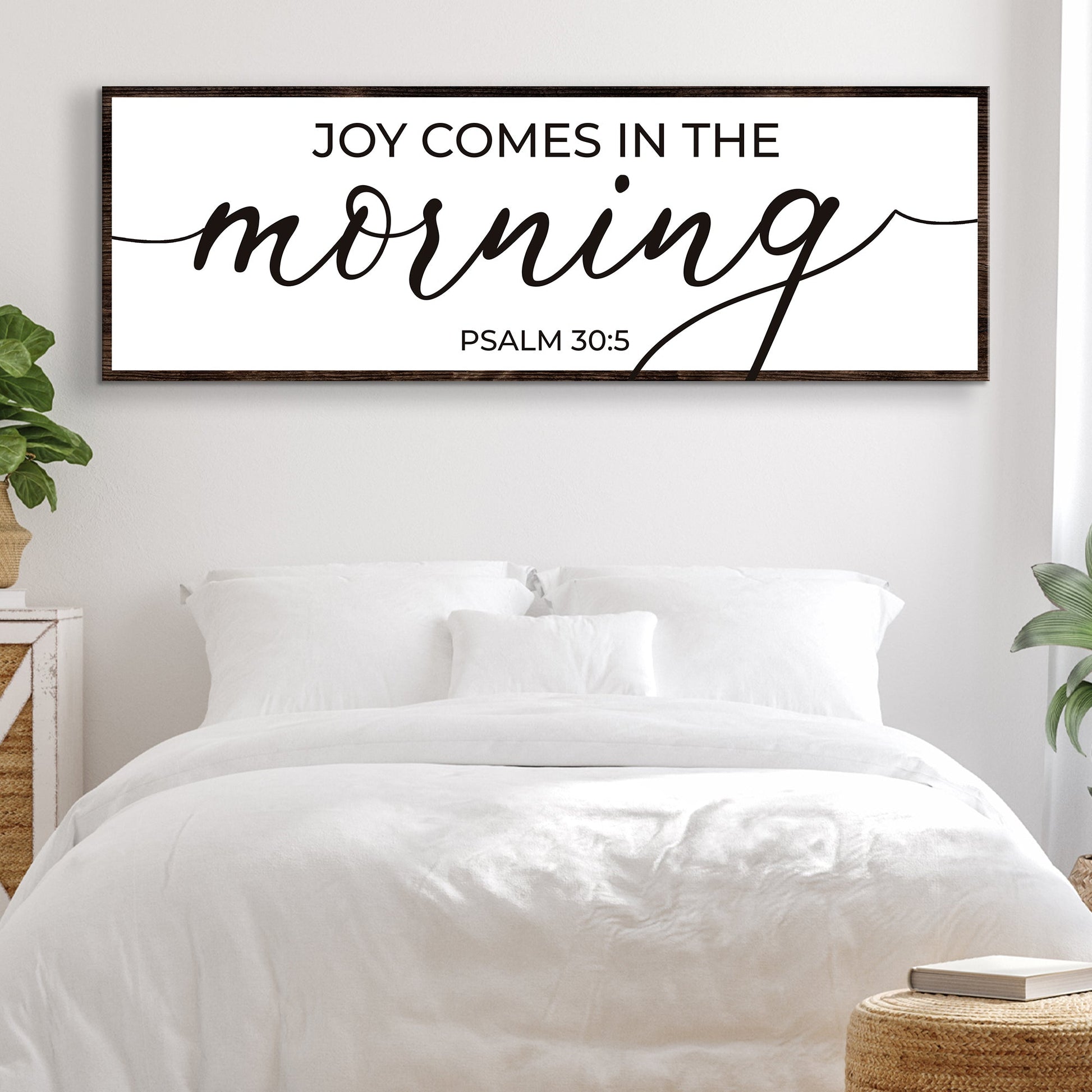 Joy Comes In The Morning Faith Sign III canvas, white with black text and dark wood frame on Tampa Home & Garden Store
