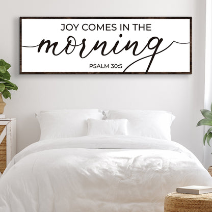 Joy Comes In The Morning Faith Sign III canvas, white with black text and dark wood frame on Tampa Home & Garden Store