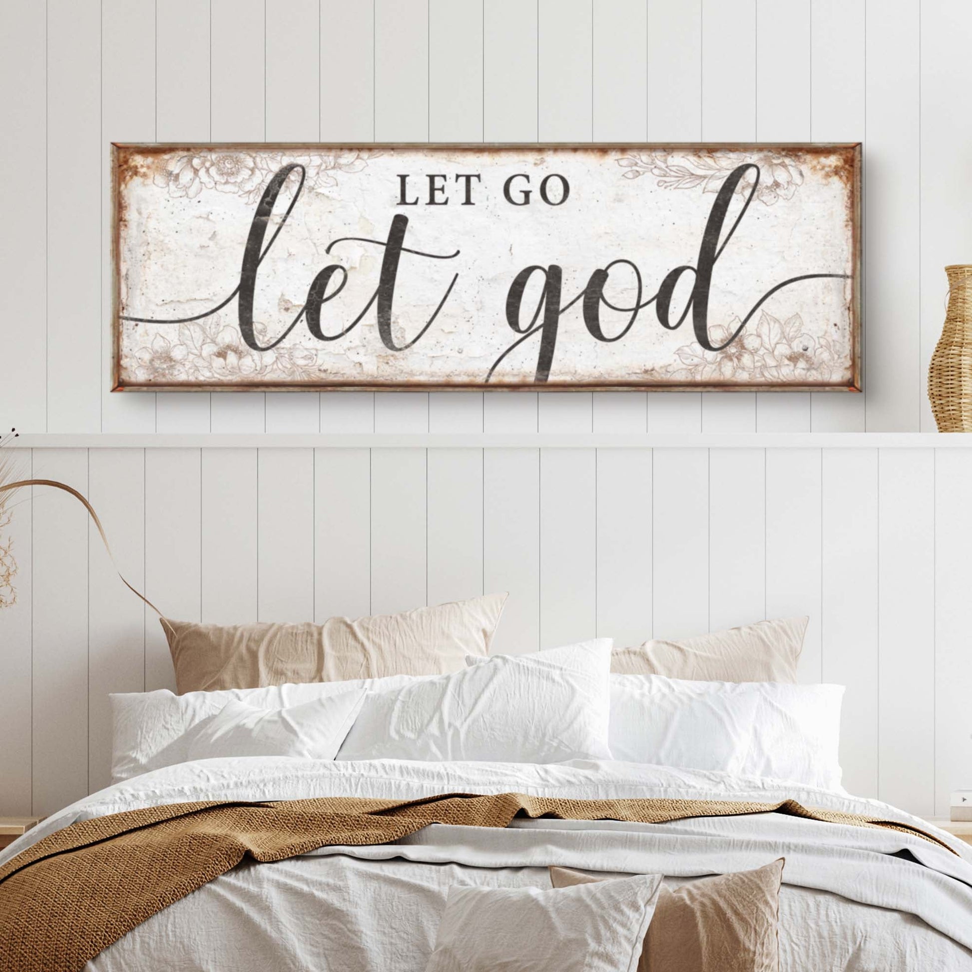 Let Go Let God crafting canvas sign by Tailored Canvases, rustic framed with black script on Tampa Home & Garden Store