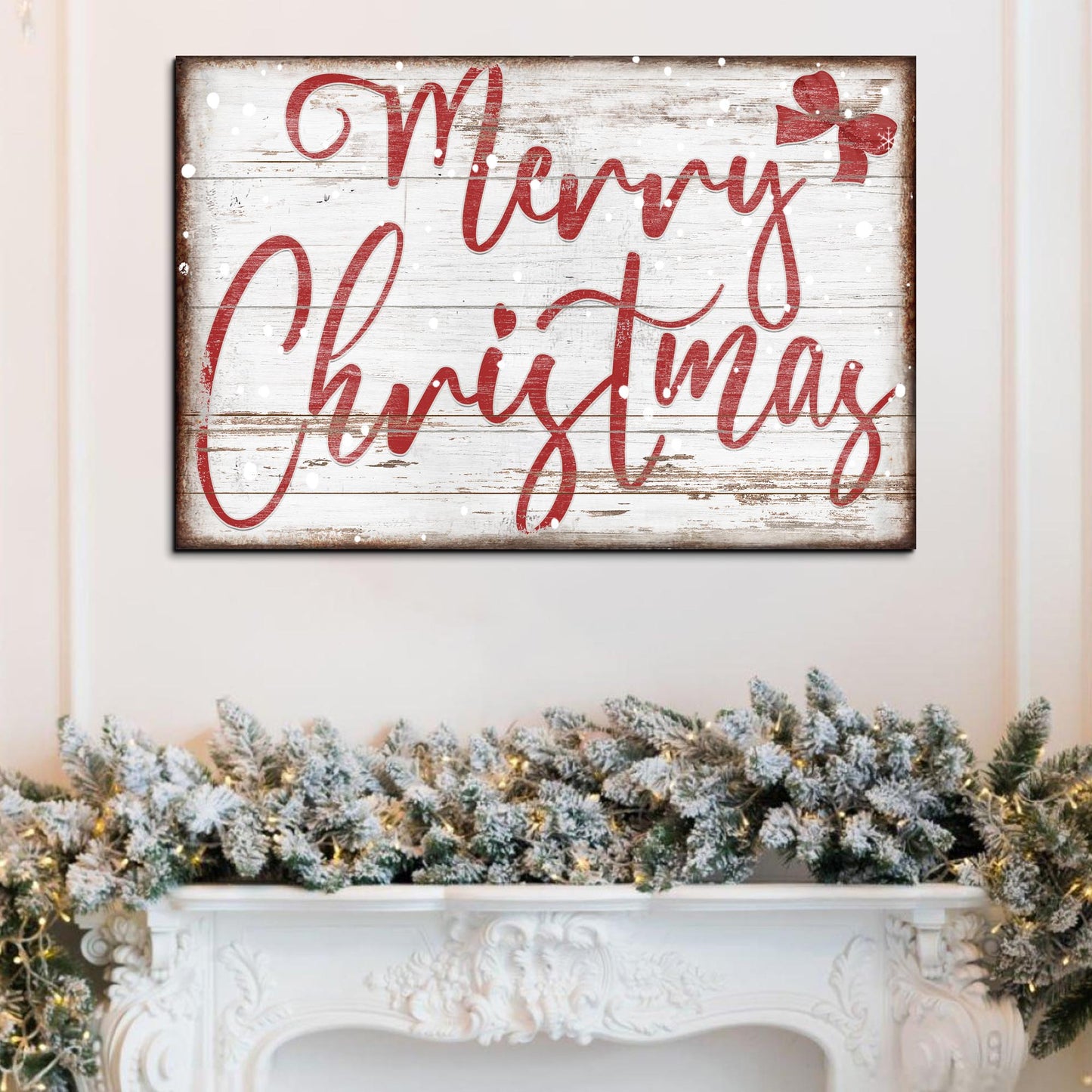Merry Christmas Sign X canvas by Tailored Canvases with red script on distressed white wood on Tampa Home & Garden Store