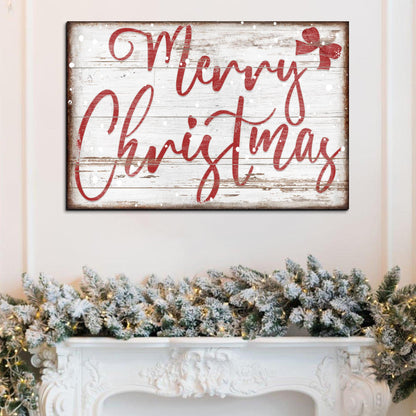 Merry Christmas Sign X canvas by Tailored Canvases with red script on distressed white wood on Tampa Home & Garden Store