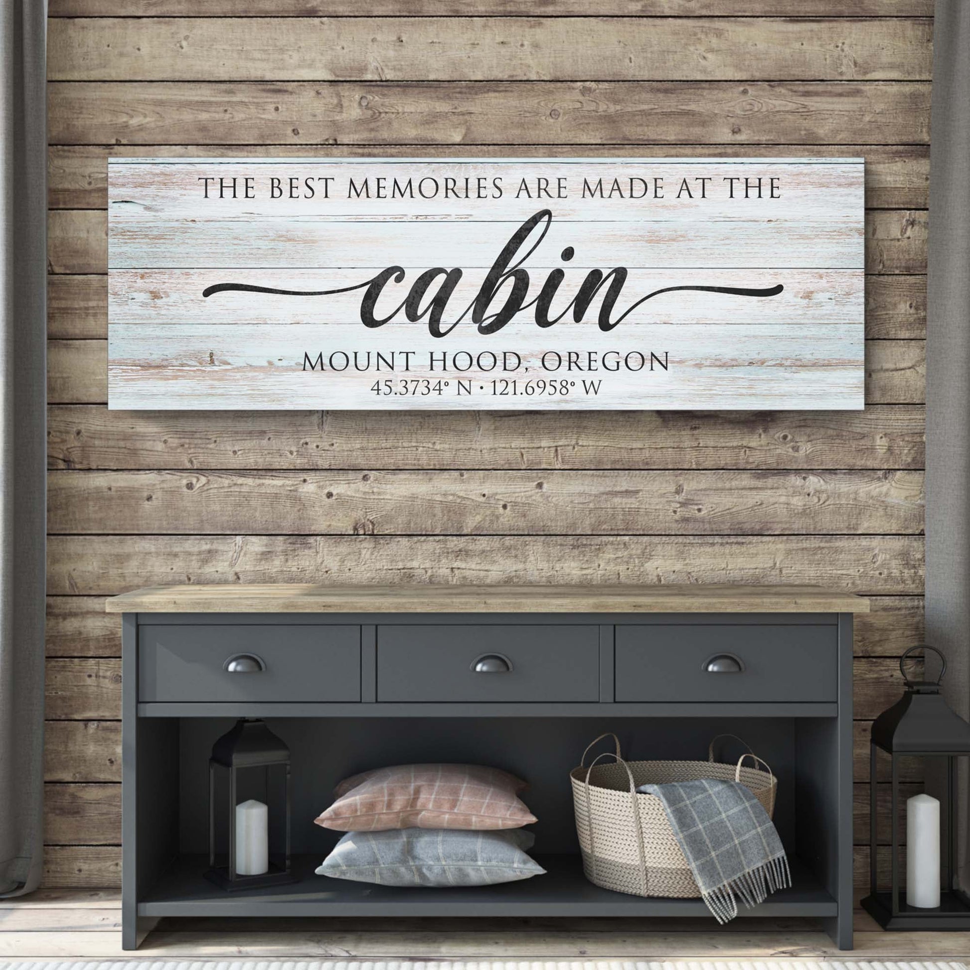 Best Memories Are Made At The Cabin Sign II canvas with whitewash on rustic wood backdrop on Tampa Home & Garden Store