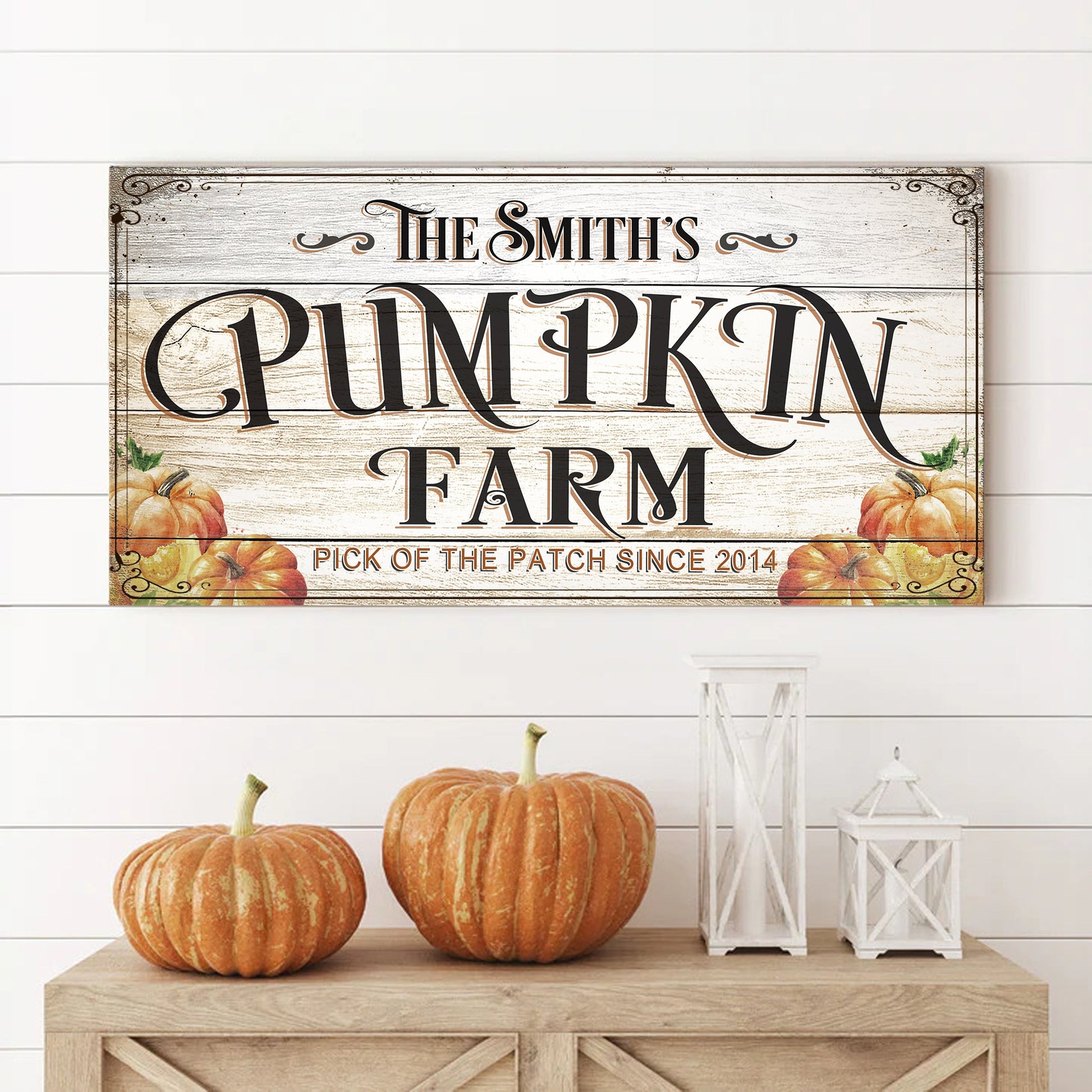Pick Of The Patch Pumpkin Farm Sign canvas with whitewashed boards and pumpkin accents on Tampa Home & Garden Store