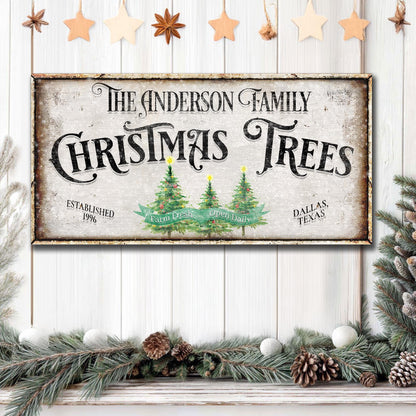 Family Christmas Tree Farm Sign III canvas with a distressed frame and rustic wood backdrop on Tampa Home & Garden Store