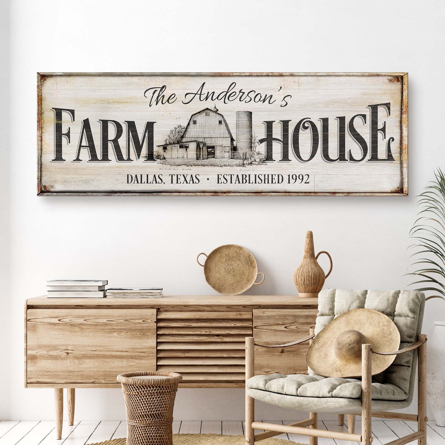 Personalized rustic farmhouse canvas sign with wood background and FARMHOUSE lettering on Tampa Home & Garden Store