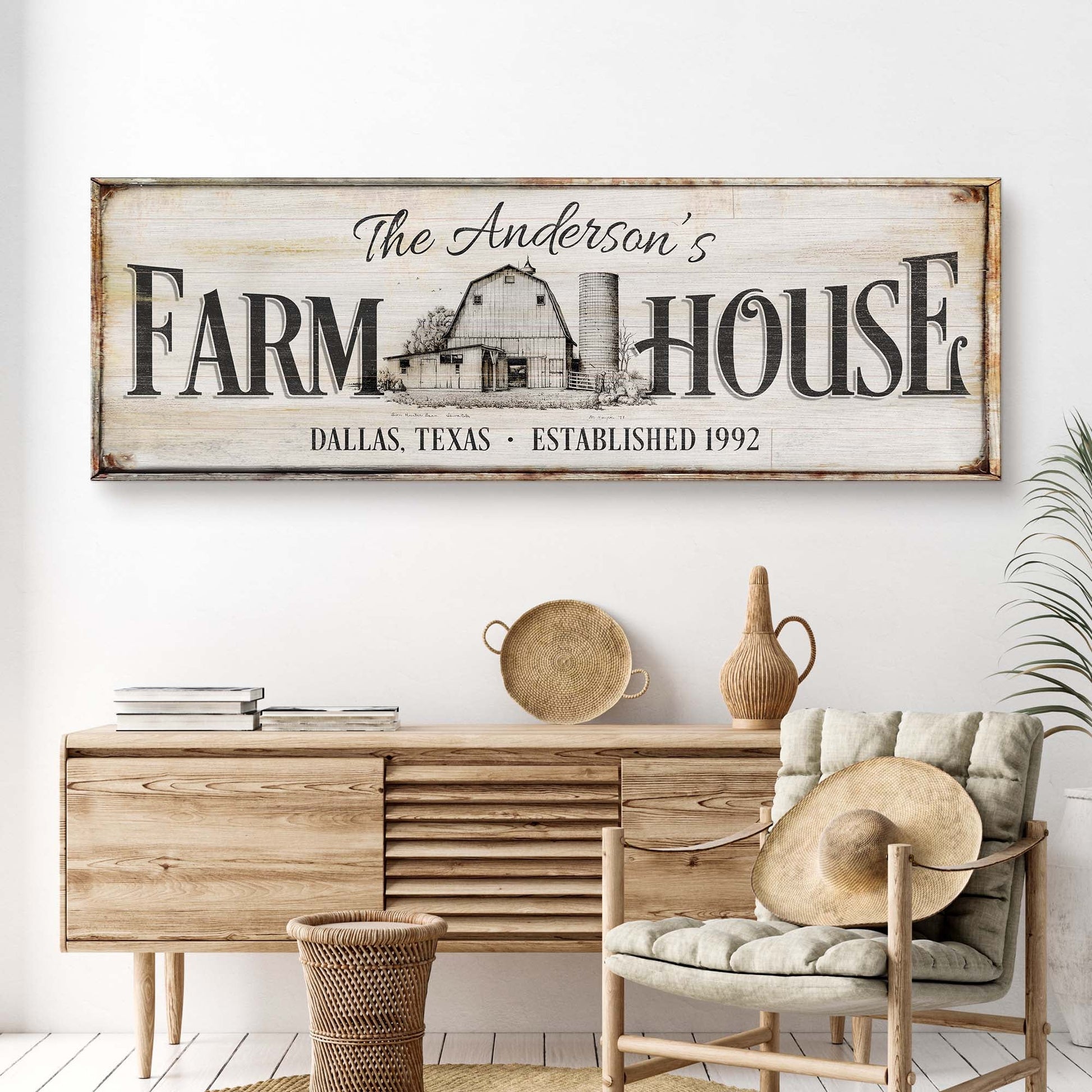 Personalized rustic farmhouse canvas sign with wood background and FARMHOUSE lettering on Tampa Home & Garden Store