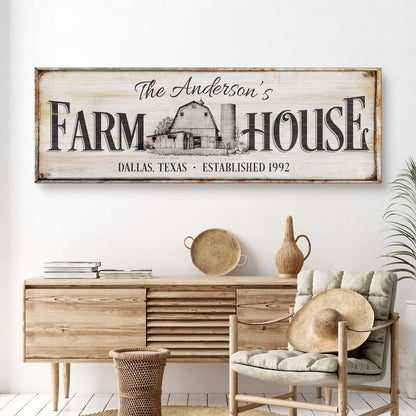 Personalized rustic farmhouse canvas sign with wood background and FARMHOUSE lettering on Tampa Home & Garden Store
