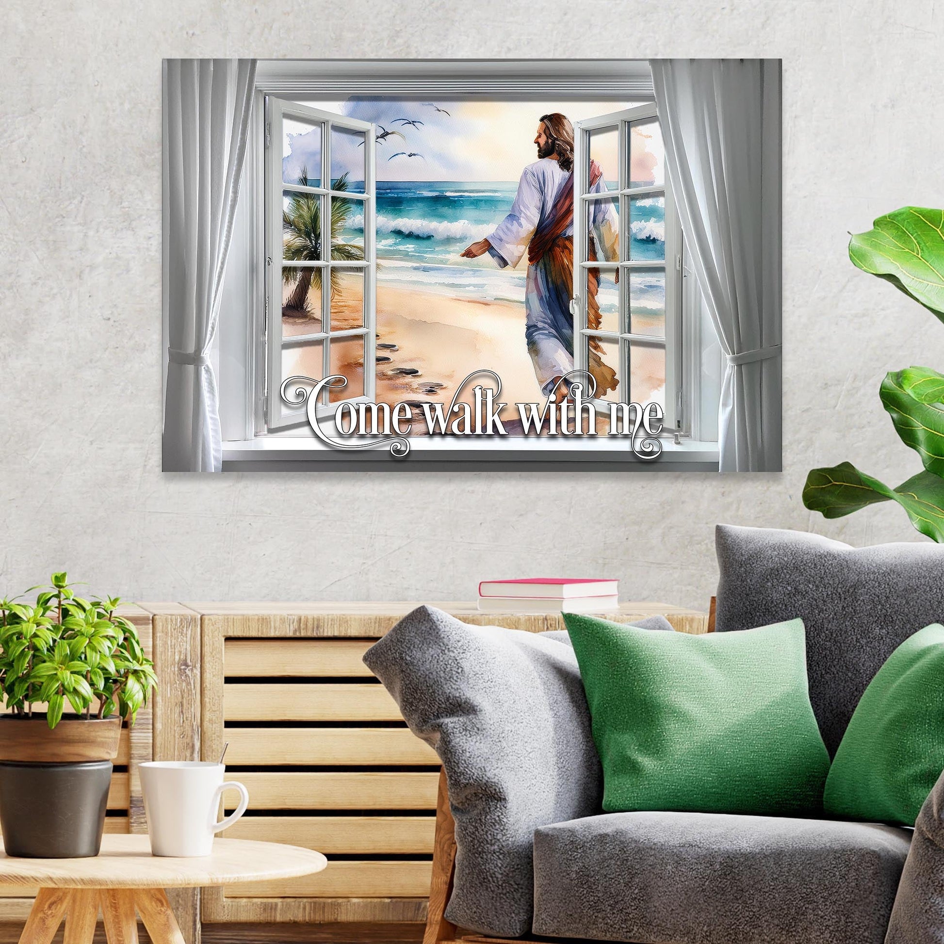 Come Walk With Me Faith Sign canvas by Tailored Canvases with beach scene and robed figure on Tampa Home & Garden Store