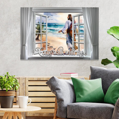 Come Walk With Me Faith Sign canvas by Tailored Canvases with beach scene and robed figure on Tampa Home & Garden Store