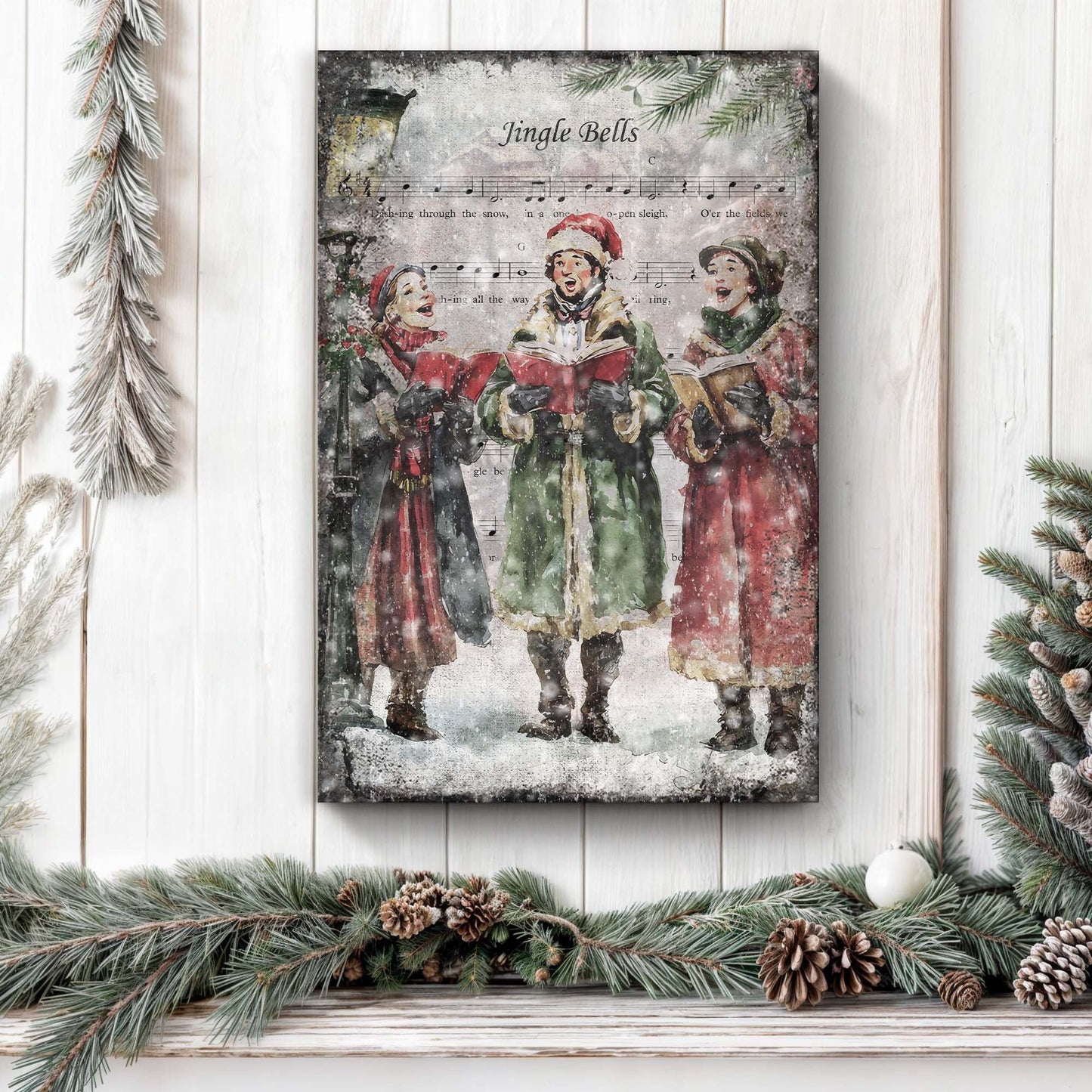 Vintage Christmas Carolers Wall Art II canvas with jolly carolers in red and green on Tampa Home & Garden Store