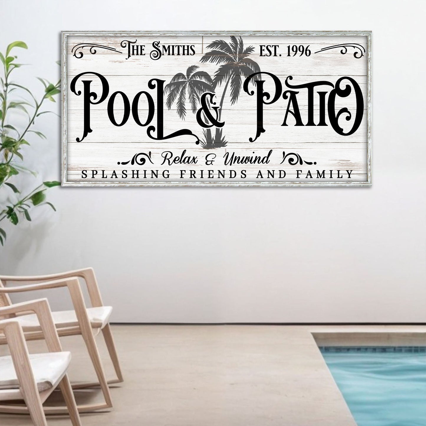 Personalized Pool & Patio Sign VI canvas with palm tree motif by Tailored Canvases on Tampa Home & Garden Store