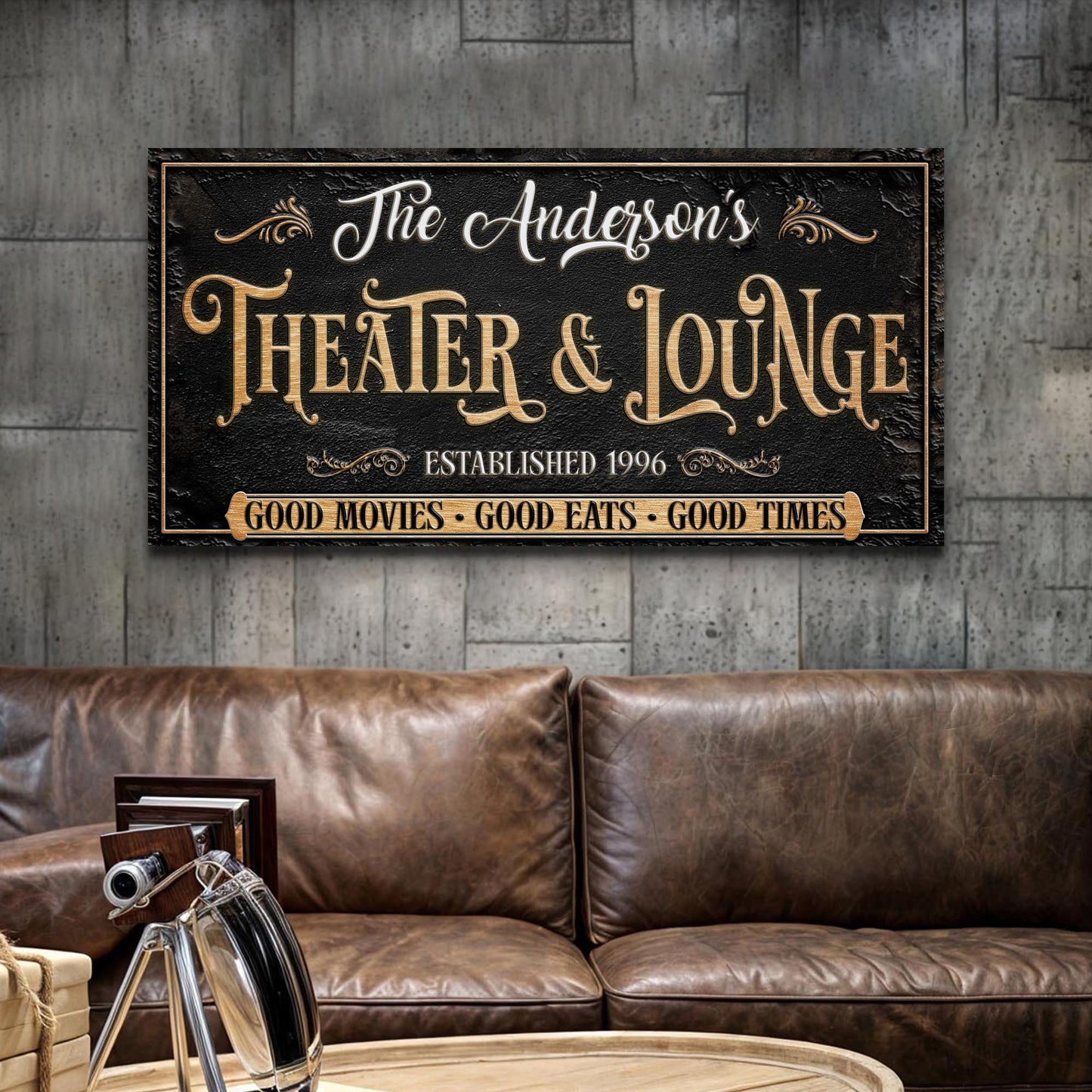 Canvas sign Family Theater And Lounge Sign VI with black textured background and gold ornate lettering on Tampa Home & Garden Store