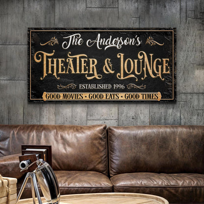 Canvas sign Family Theater And Lounge Sign VI with black textured background and gold ornate lettering on Tampa Home & Garden Store