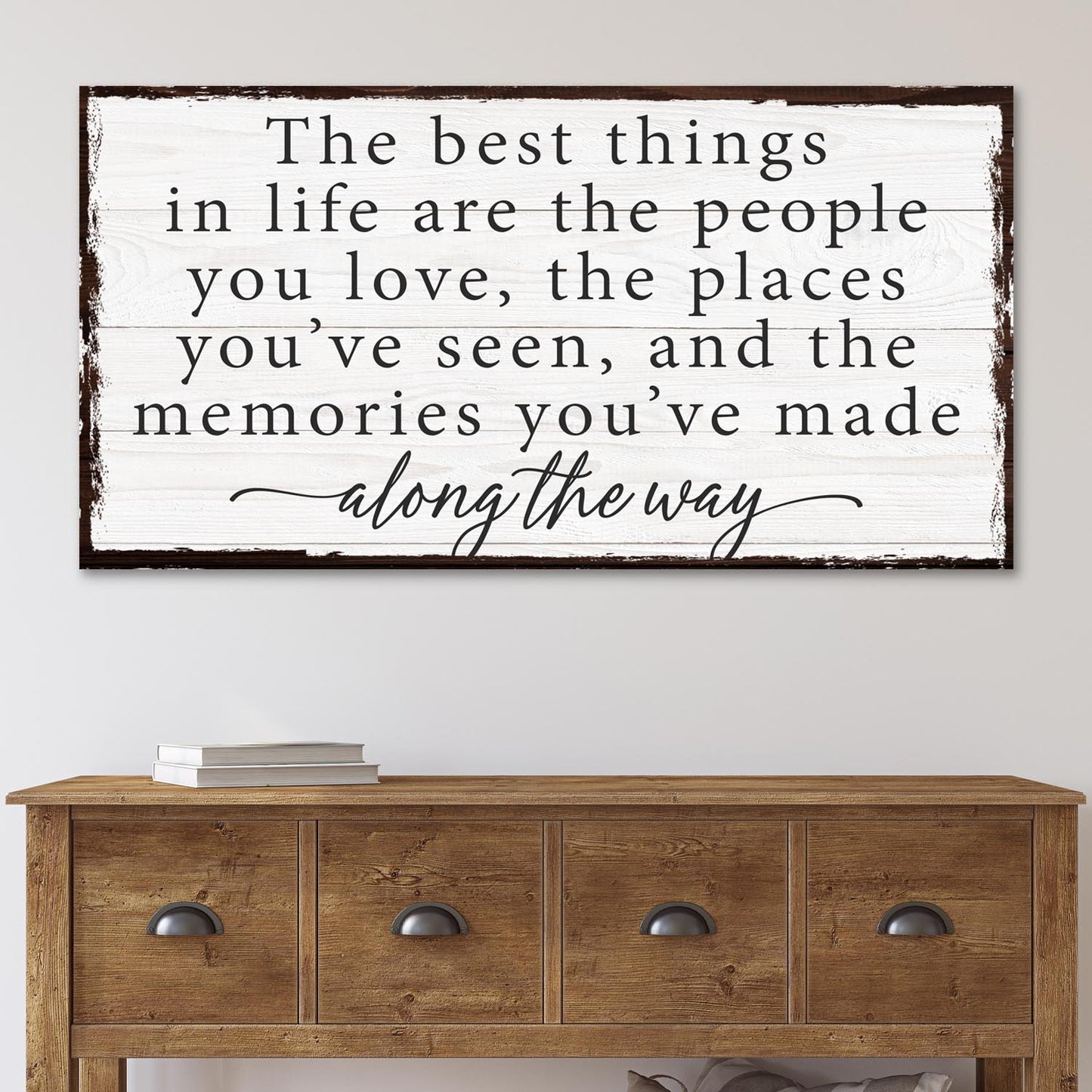 The Best Things In Life Sign IV canvas by Tailored Canvases on whitewashed wood with frame on Tampa Home & Garden Store