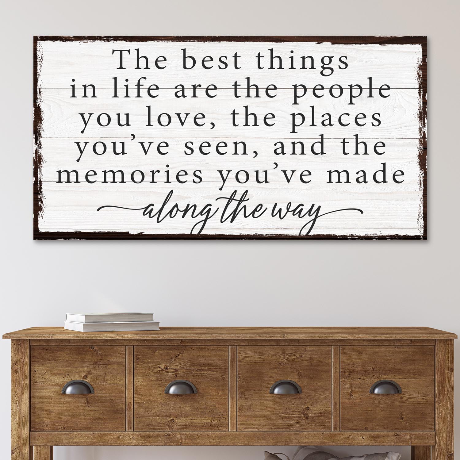 The Best Things In Life Sign IV canvas by Tailored Canvases on whitewashed wood with frame on Tampa Home & Garden Store