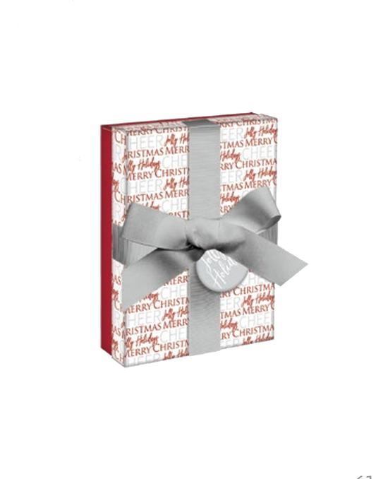 Gift box with silver ribbon, Merry Christmas wrap, red sides The Country Christmas Loft on Tampa Home & Garden Store