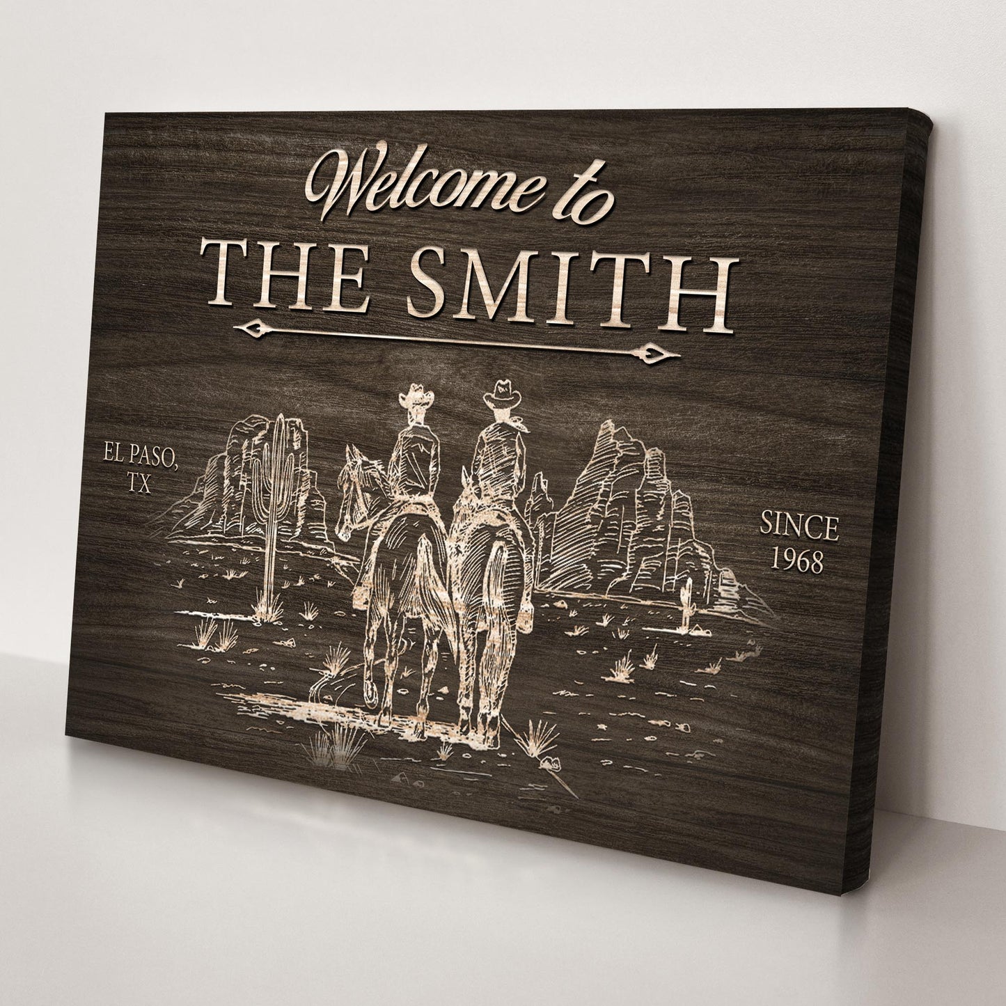 Cowboy Welcome Sign Canvas with woodgrain plaque and engraved lettering, western scene on Tampa Home & Garden Store