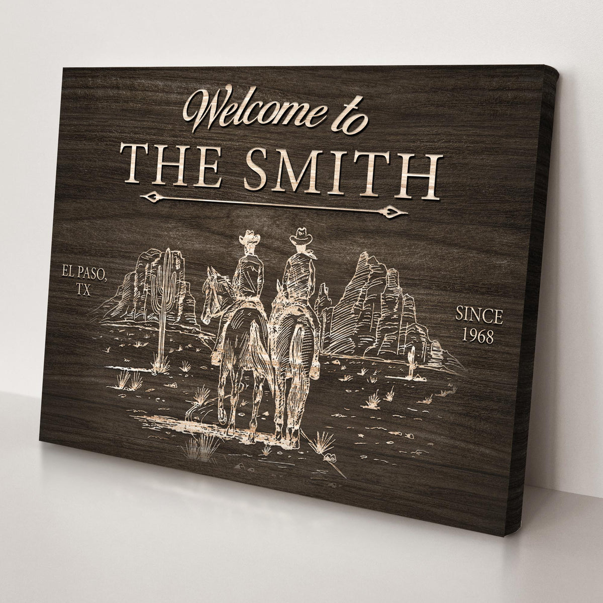 Cowboy Welcome Sign Canvas with woodgrain plaque and engraved lettering, western scene on Tampa Home & Garden Store