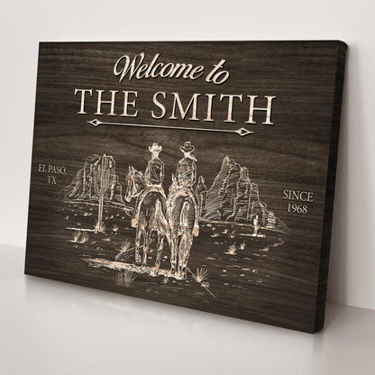 Cowboy Welcome Sign Canvas with woodgrain plaque and engraved lettering, western scene on Tampa Home & Garden Store