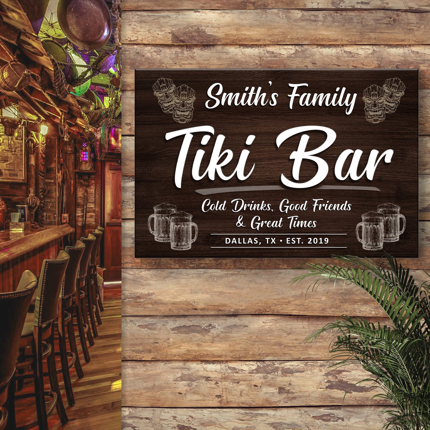 Tiki Bar Sign IV canvas by Tailored Canvases with dark wood backdrop and white script Tiki Bar on Tampa Home & Garden Store