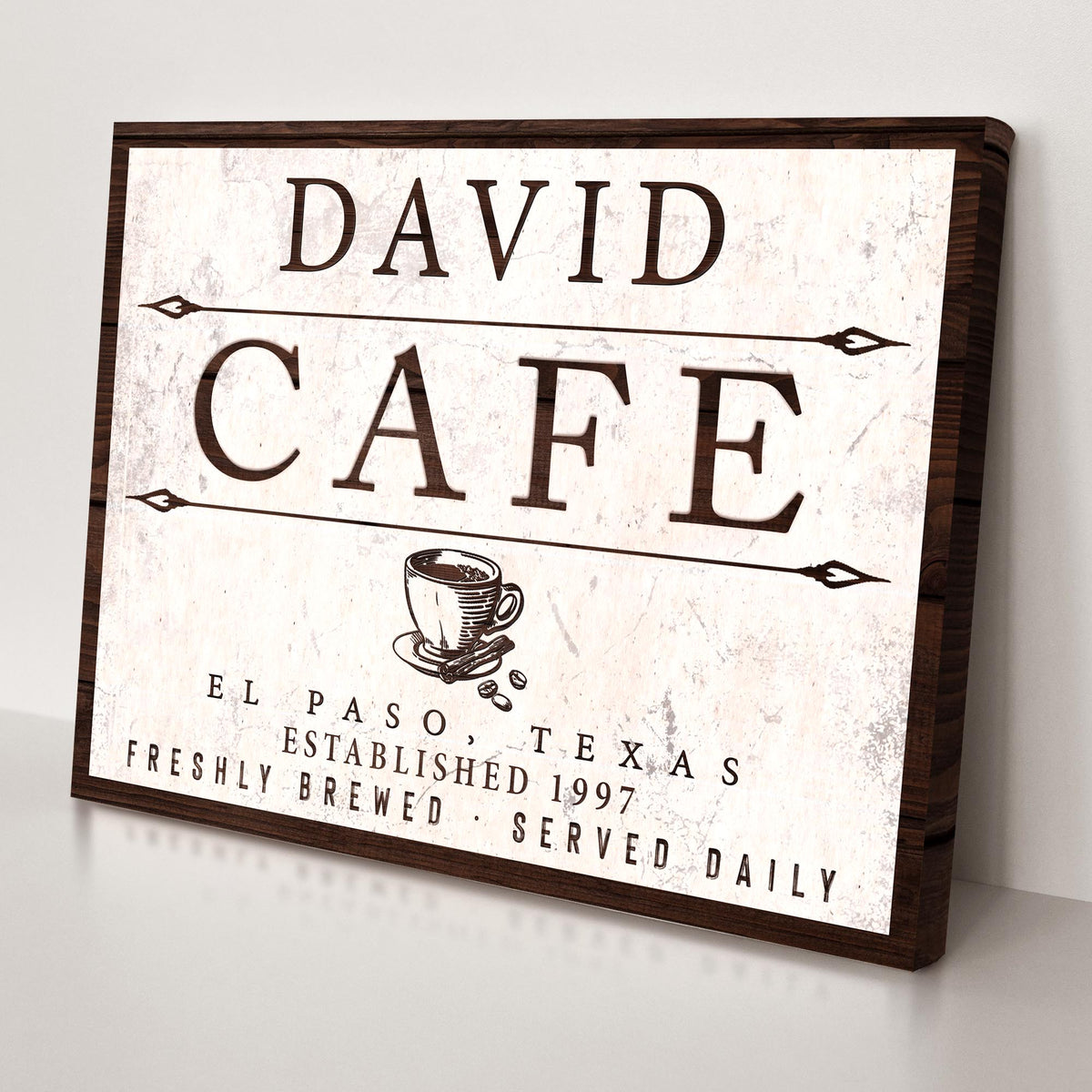 Cafe Sign II canvas by Tailored Canvases with marble background and dark brown lettering on Tampa Home & Garden Store