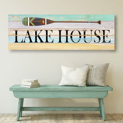 Lake House coastal sign canvas by Tailored Canvases, distressed pastel wood planks with an oar on Tampa Home & Garden Store