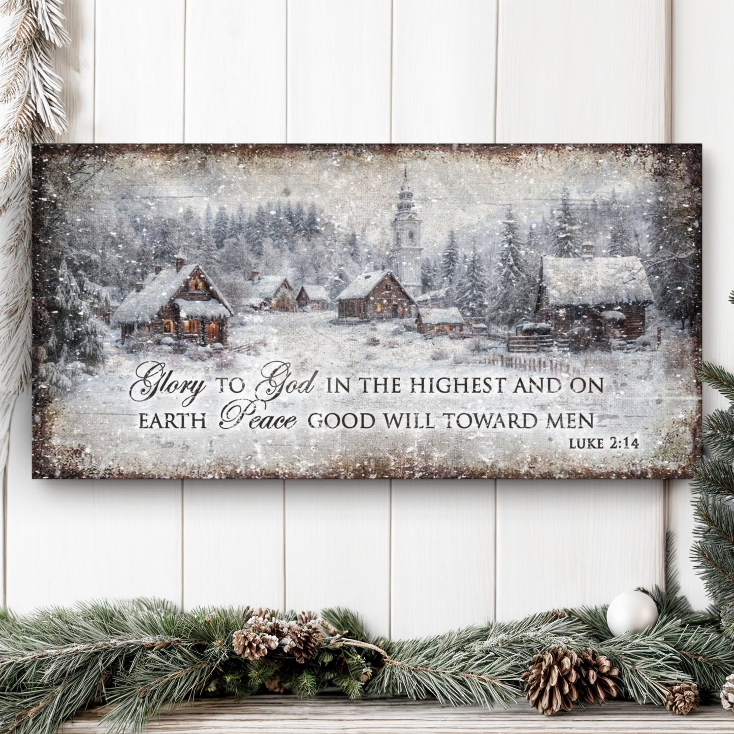 Canvas art Vintage Christmas Village Luke 2:14 scripture sign with snowy village scene on Tampa Home & Garden Store