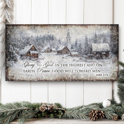 Canvas art Vintage Christmas Village Luke 2:14 scripture sign with snowy village scene on Tampa Home & Garden Store