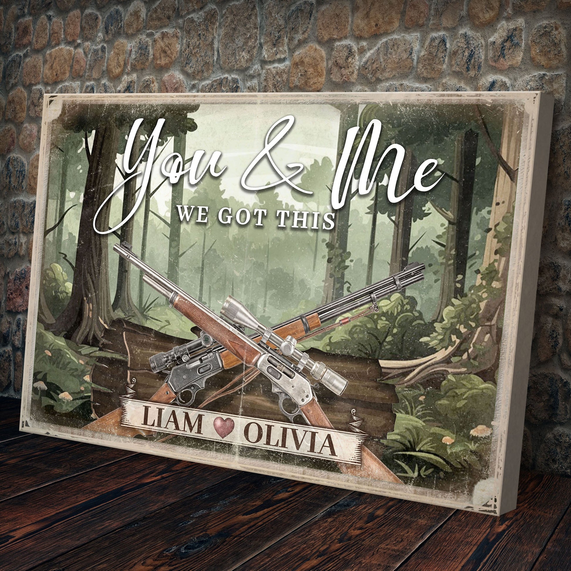 Gun-themed couple sign canvas by Tailored Canvases with You & Me and LIAM OLIVIA banner rifles on Tampa Home & Garden Store