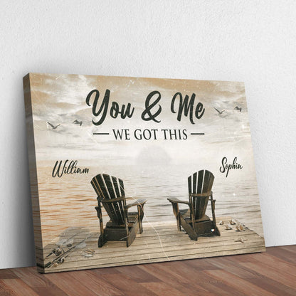 We Got This Fishing Themed Couple Sign canvas by Tailored Canvases with You & Me on a deck on Tampa Home & Garden Store