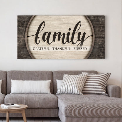 Grateful Thankful Blessed Family Sign canvas with rustic wood backdrop by Tailored Canvases on Tampa Home & Garden Store