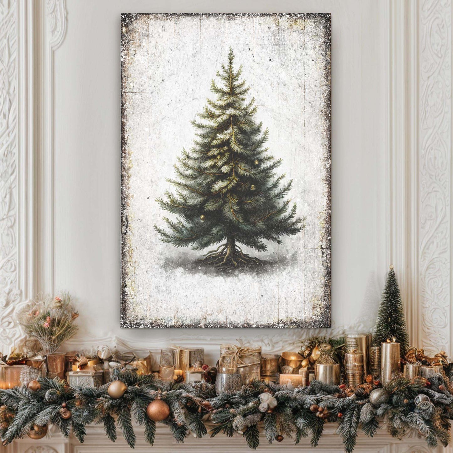 Vintage Pine Tree Christmas Wall Art canvas, rustic white weathered finish, Tailored Canvases on Tampa Home & Garden Store