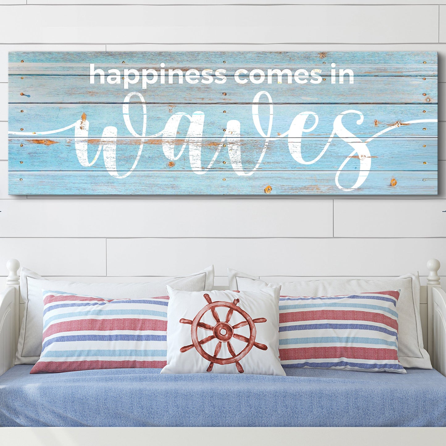 Canvas sign Happiness Comes In Waves by Tailored Canvases, blue wood backdrop with white text on Tampa Home & Garden Store