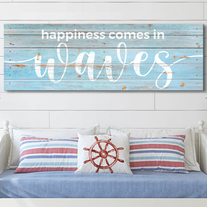 Canvas sign Happiness Comes In Waves by Tailored Canvases, blue wood backdrop with white text on Tampa Home & Garden Store