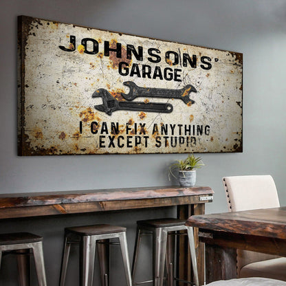 Canvas garage sign by Tailored Canvases with rustic weathered finish and wrench graphic on Tampa Home & Garden Store