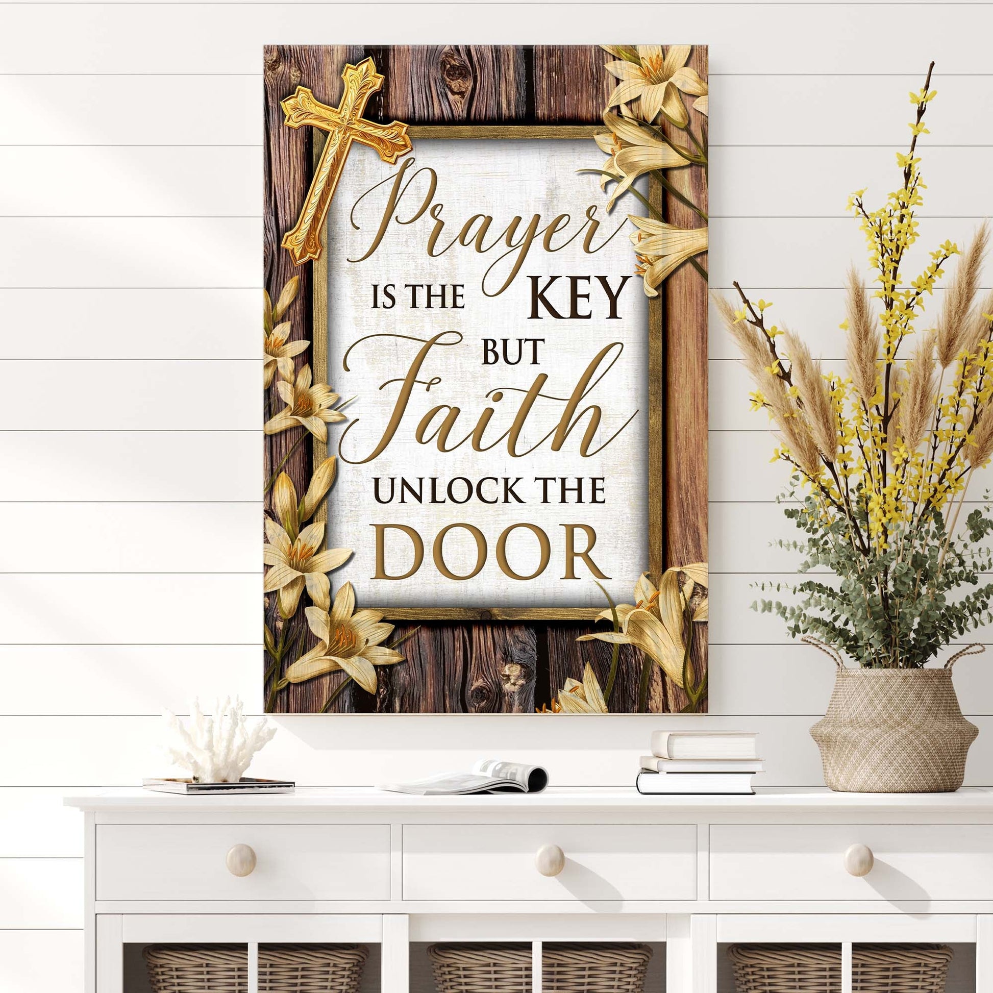 Canvas sign II Prayer Is The Key But Faith Unlocks The Door with gold cross on rustic wood frame on Tampa Home & Garden Store