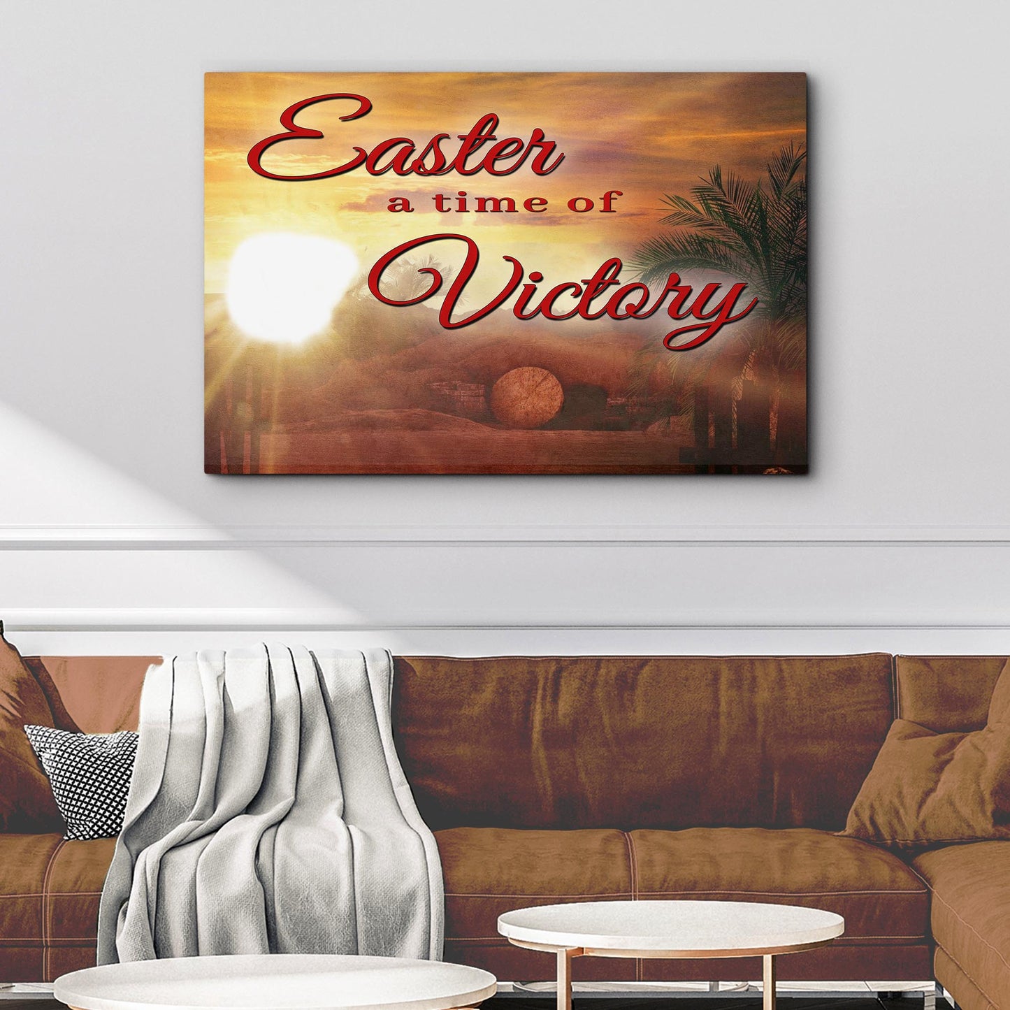 Canvas wall art Easter a time of Victory in red script over sunset with palm Tailored Canvases on Tampa Home & Garden Store